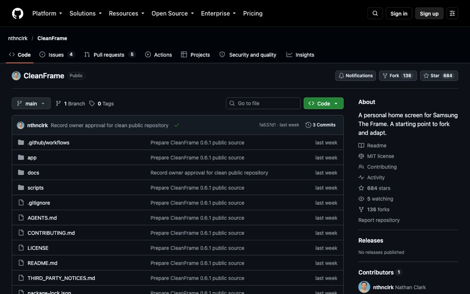 The CleanFrame repository on GitHub