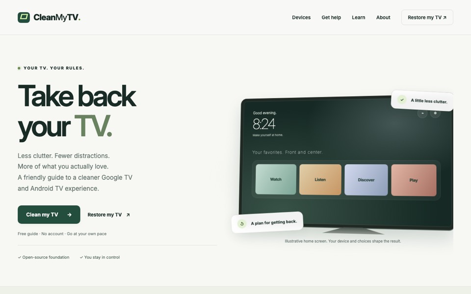 The CleanMyTV home page, “Take back your TV”