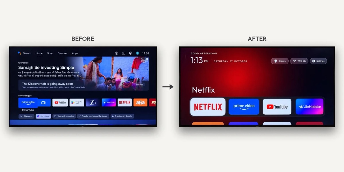 A smart TV home screen before, full of ads, and after, with only the apps you use
